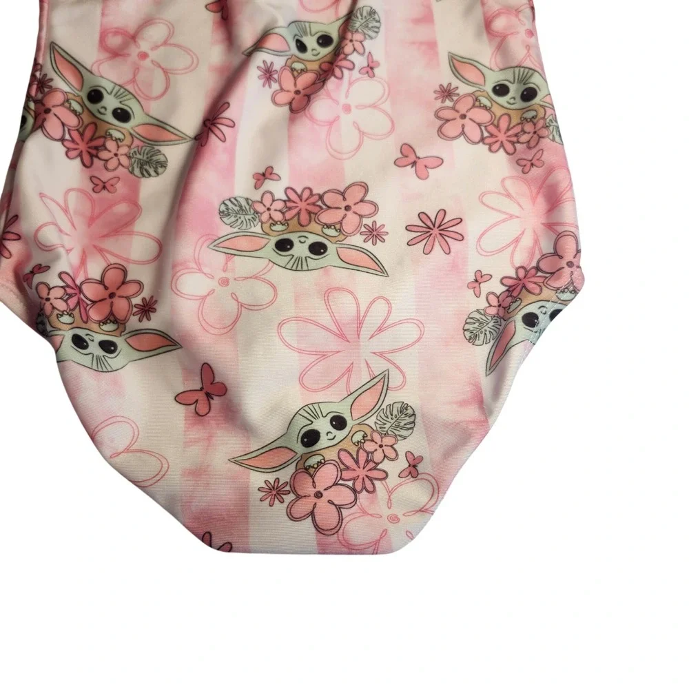 Star Wars Grogu Baby Yoda Girls One Piece Swimsuit Pink Floral Size 6 6X Strappy
